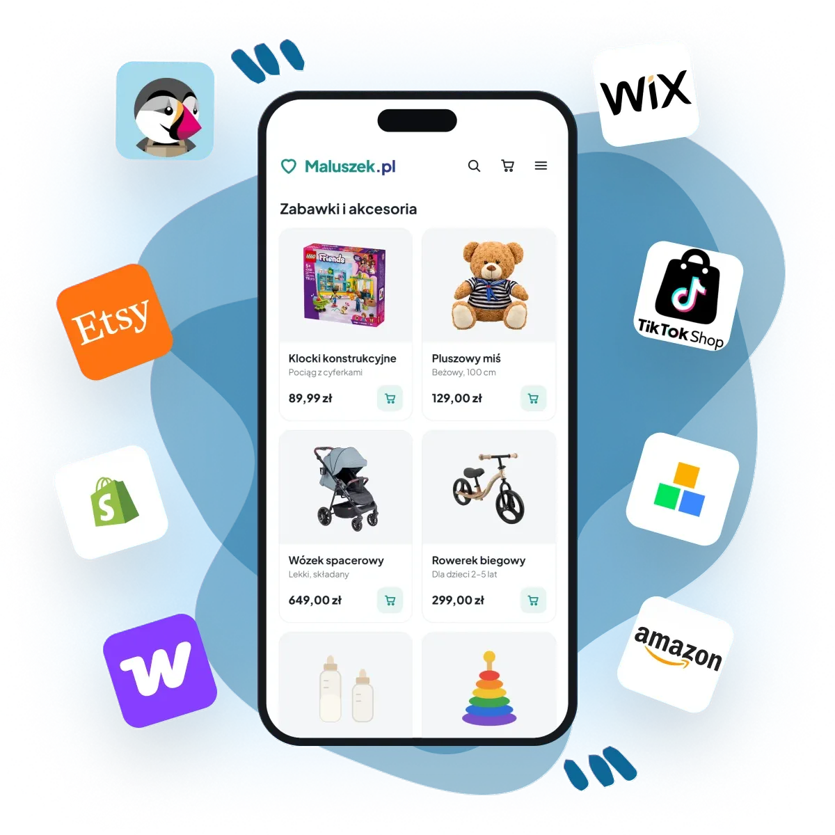 Sklep internetowy na smartfonie otoczony logotypami platform e-commerce.